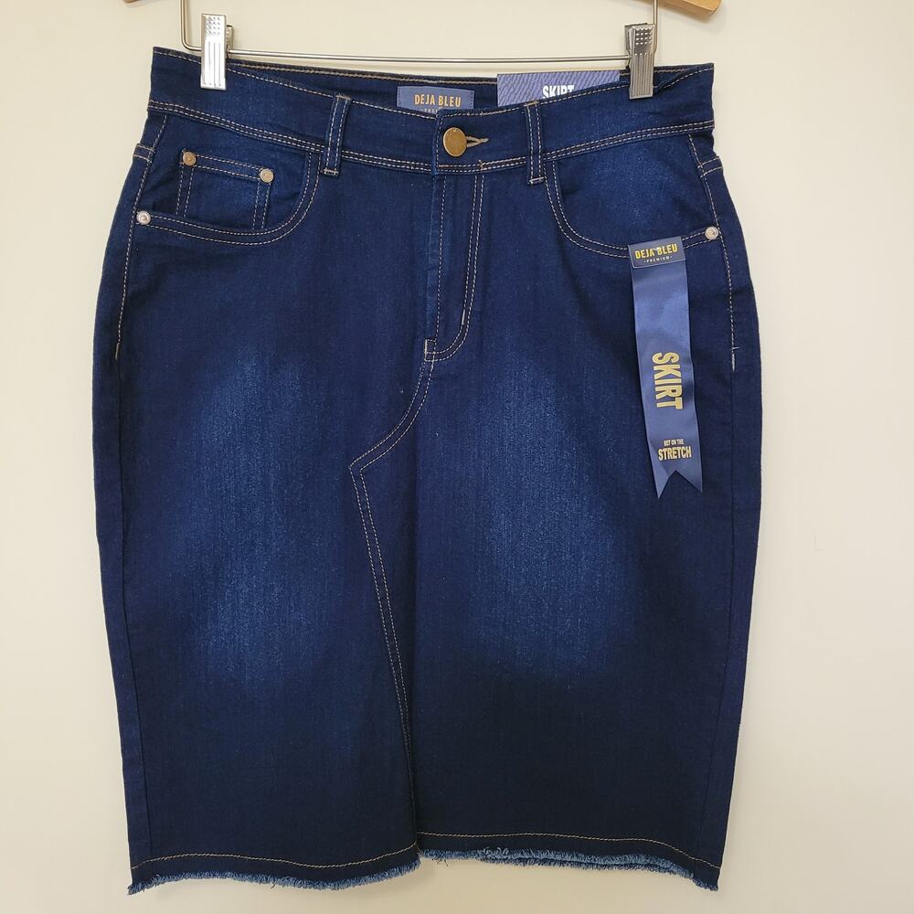 NWT Deja Bleu Premium Denim Skirt 12 Knee Straight Pencil Frayed Hem Vent - Picture 1 of 13